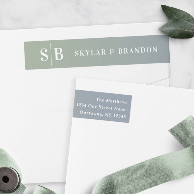 Soft Ombre Dusty Blue & Green Wedding Monogrammed Wrap Around Label (Creator Uploaded)