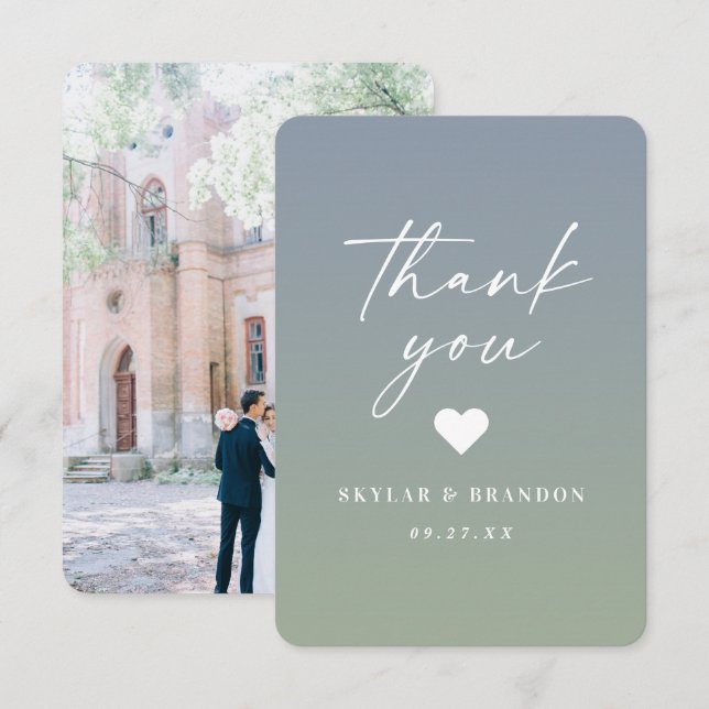 Soft Ombre Dusty Blue & Leaf Green Wedding Thank You Card (Front/Back)