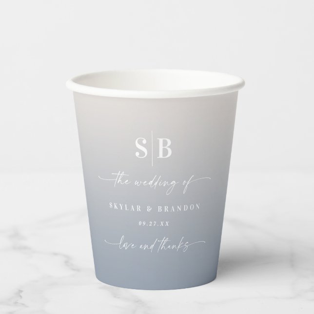 Soft Ombre Gardenia & Dusty Blue Wedding Monogram Paper Cups (Front)