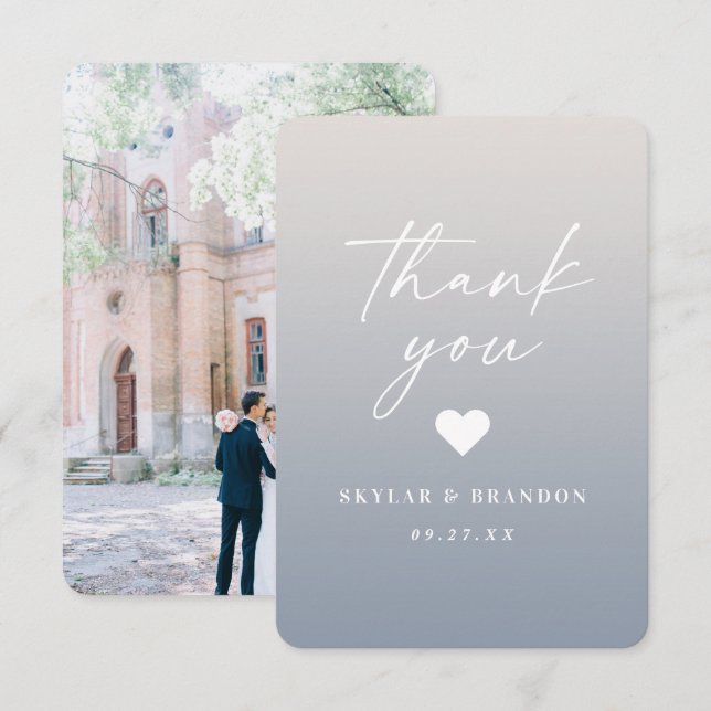 Soft Ombre Gardenia White & Dusty Blue Wedding Thank You Card (Front/Back)