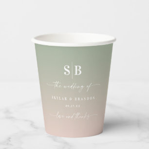 Soft Ombre Leaf Green Blush Pink Wedding Monogram Paper Cups