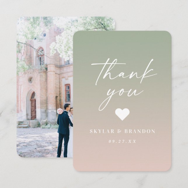 Soft Ombre Leaf Green & Powder Pink Wedding Thank You Card (Front/Back)