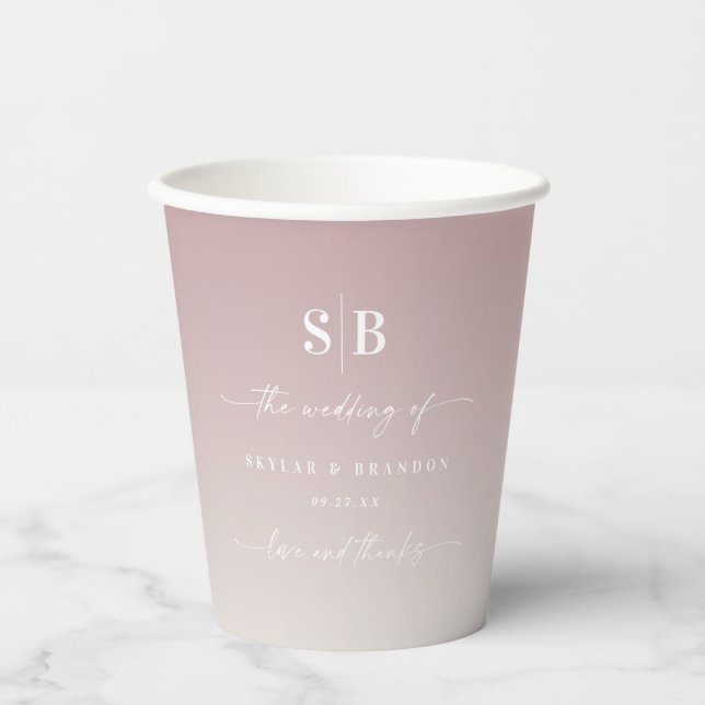 Soft Ombre Mauve Pink & Gardenia Wedding Monogram Paper Cups (Front)