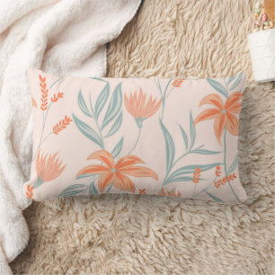 Soft Orange and Sage Peach Floral Botanical Lumbar Cushion