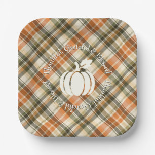 Soft Orange, Green & Cream Plaid with Pumpkin Paper Plate