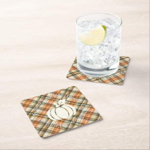 Soft Orange, Green & Cream Plaid with Pumpkin Square Paper Coaster