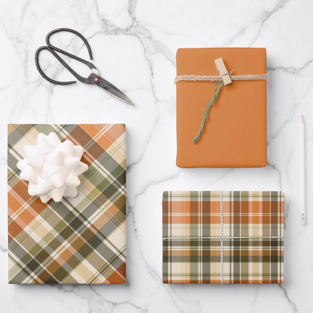 Soft Orange, Green & Cream Plaid Wrapping Paper Sheet (Front)