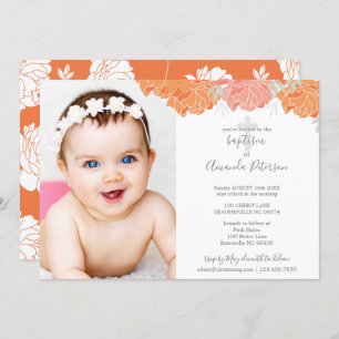 Soft Orange & Peach Peonies Cross Girl Baptism Invitation