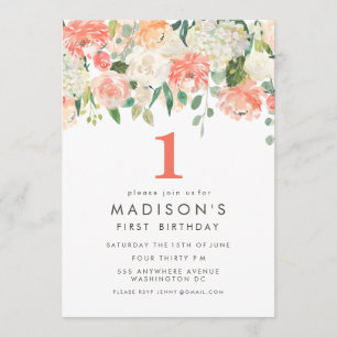 Soft Painted Floral Girls 1st Birthday Invite