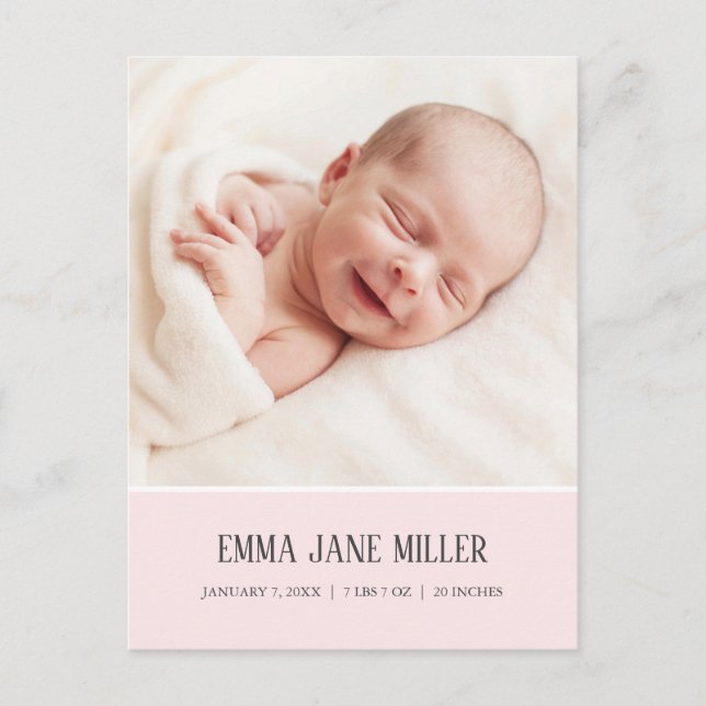 Soft Pale Pink Birth Announcement Photo Postcard (Front)