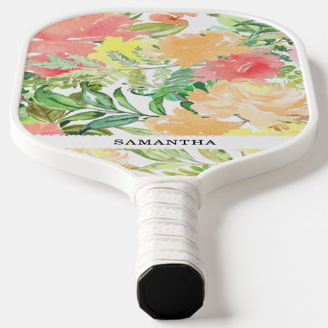 Soft pastel and earthly tones floral garden pickleball paddle (Laydown)