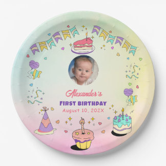 Soft Pastel Baby Boy 1st Birthday Photo Plates
