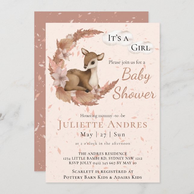 Soft Pastel Bambi Flowers Clouds Dust Baby Shower Invitation (Front/Back)