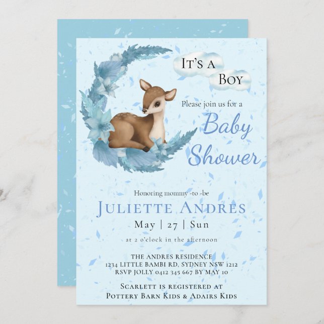 Soft Pastel Bambi Flowers Clouds Dust Baby Shower  Invitation (Front/Back)