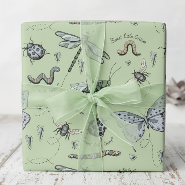 Soft Pastel Blue and Green Boho Baby Bugs Baby Wrapping Paper (Green Bug and Beetle Insect Boy Baby Shower or Kids Birthday Wrapping Paper. Dragonfly, Butterfly)