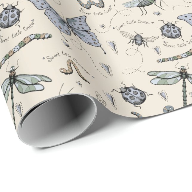Soft Pastel Blue & Cream Boho Baby Bugs Kids Baby Wrapping Paper (Roll Corner)
