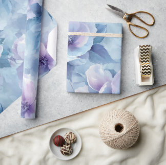 Soft Pastel Blue Floral Oil Painting Wrapping Paper