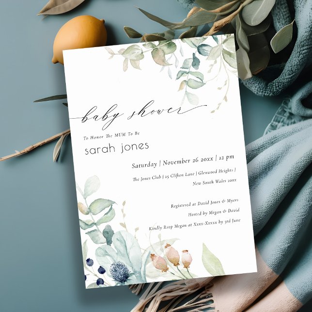 Soft Pastel Blue Green Foliage Baby Shower Invite (Creator Uploaded)