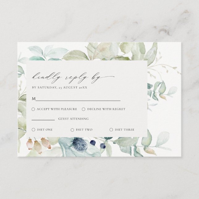 Soft Pastel Blue Green Foliage Frame Wedding RSVP Enclosure Card (Front)