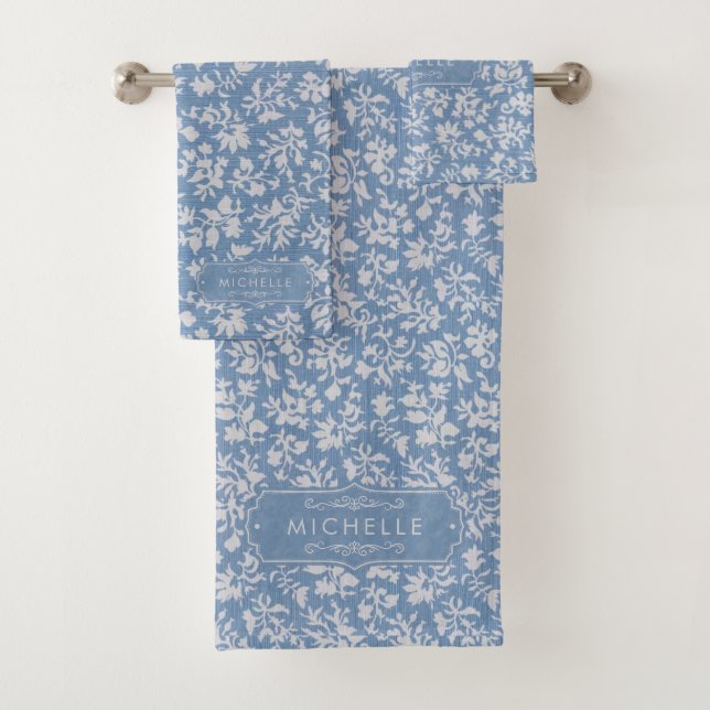 Soft Pastel Blue & Grey White Floral Boho Pattern Bath Towel Set (Insitu)