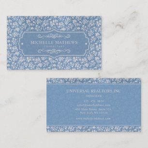 Soft Pastel Blue & Grey White Floral Boho Pattern Business Card
