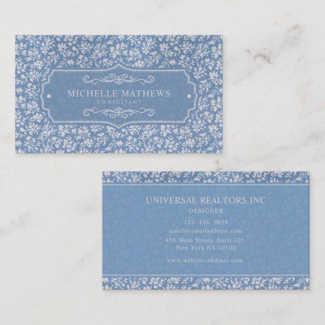 Soft Pastel Blue & Grey White Floral Boho Pattern Business Card (Front/Back)