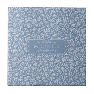 Soft Pastel Blue & Grey White Floral Boho Pattern Ceramic Tile