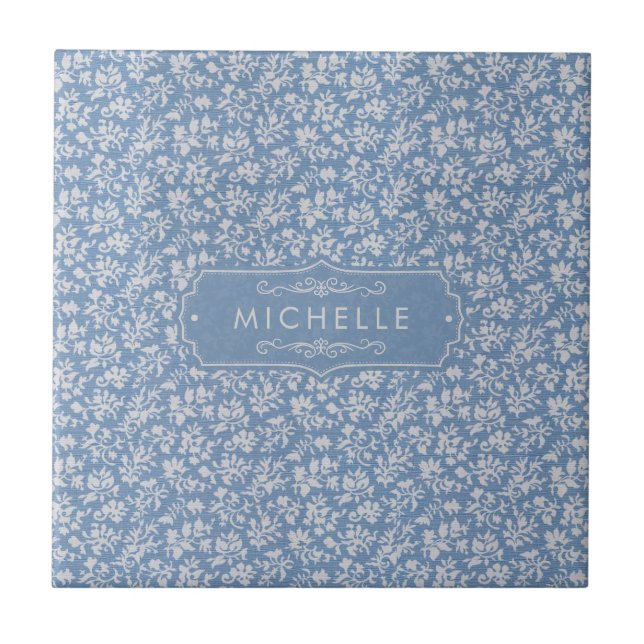 Soft Pastel Blue & Grey White Floral Boho Pattern Ceramic Tile (Front)