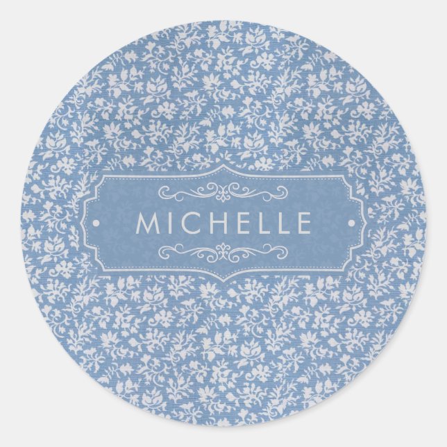 Soft Pastel Blue & Grey White Floral Boho Pattern Classic Round Sticker (Front)
