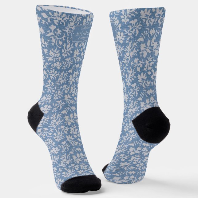 Soft Pastel Blue & Grey White Floral Boho Pattern Socks (Angled)