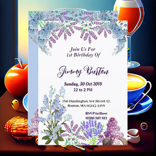 Soft Pastel Blue Hydrangea Purple Lilac Birthday Invitation