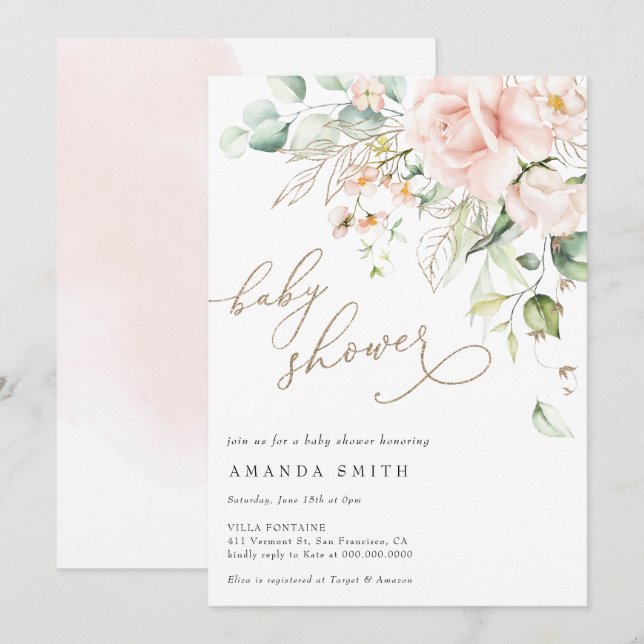 Soft Pastel Blush Floral Pink Glitter Baby Shower Invitation (Front/Back)