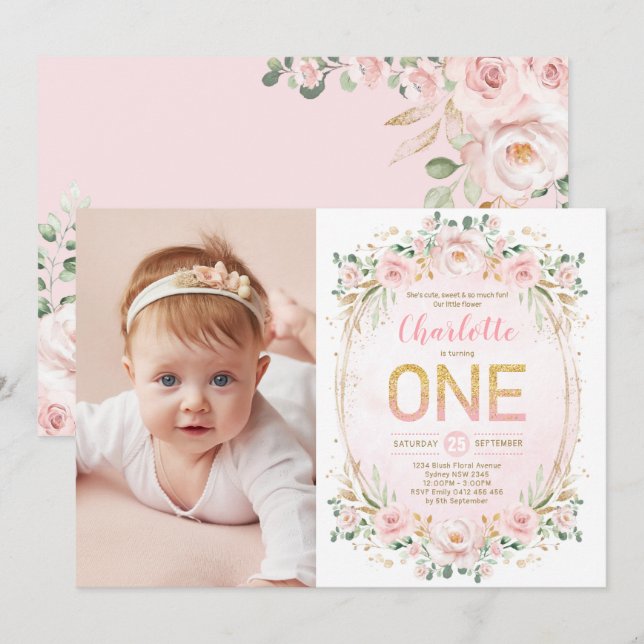 Soft Pastel Blush Flower Glitter 1st Birthday Girl Invitation (Front/Back)