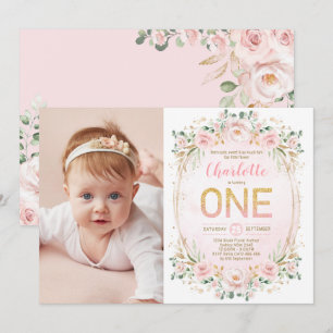 Soft Pastel Blush Flower Glitter 1st Birthday Girl Invitation