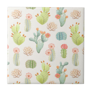 Soft Pastel Cactus & Succulent Pattern Ceramic Tile