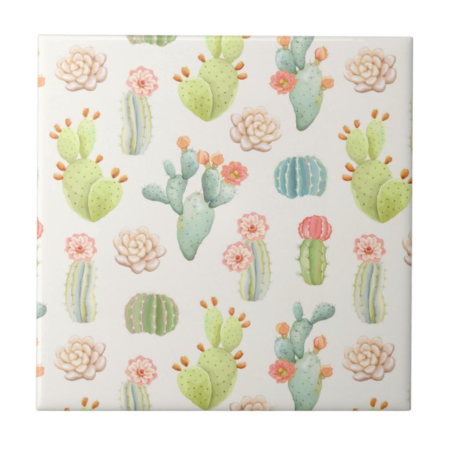 Soft Pastel Cactus & Succulent Pattern Ceramic Tile (Front)
