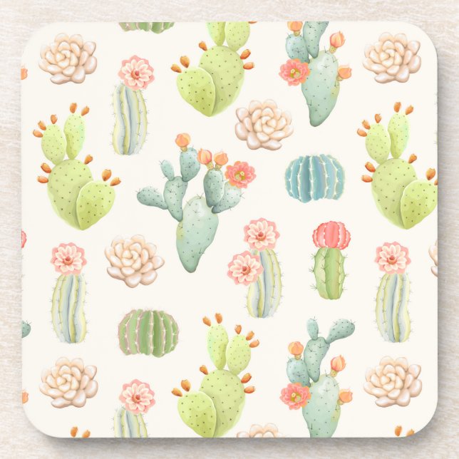 Soft Pastel Cactus & Succulent Pattern Coaster (Front)