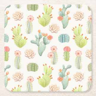 Soft Pastel Cactus & Succulent Pattern Square Paper Coaster