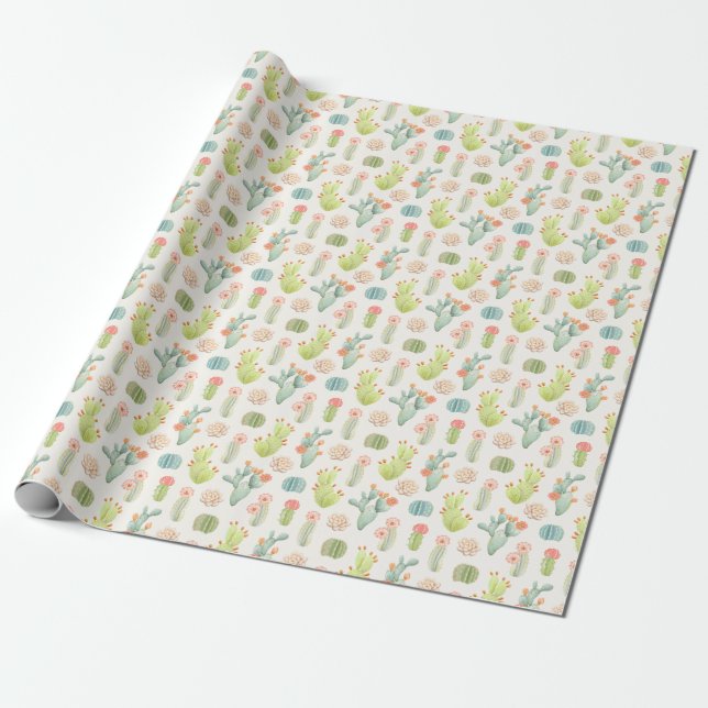 Soft Pastel Cactus & Succulent Pattern Wrapping Paper (Unrolled)