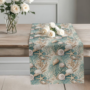 Soft Pastel Coastal Table Runner Seashell Accents