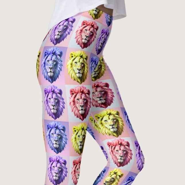 Soft Pastel Colour Lion Head Check Pattern Design  Leggings (Creator Uploaded)