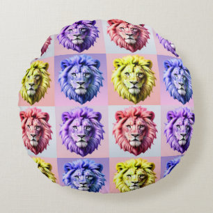 Soft Pastel Colour Lion Head Check Pattern Design Round Cushion