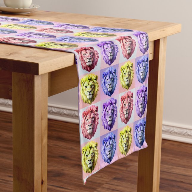 Soft Pastel Colour Lion Head Check Pattern Design  Short Table Runner (Creator Uploaded)