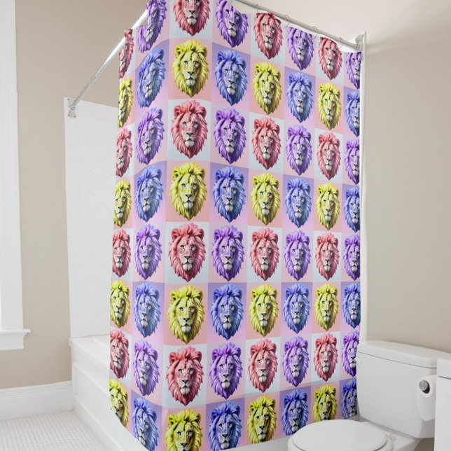 Soft Pastel Colour Lion Head Check Pattern Design  Shower Curtain (Creator Uploaded)