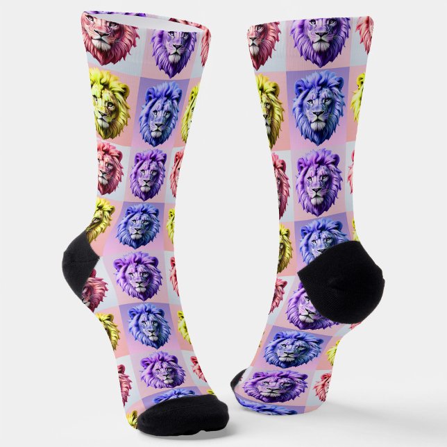 Soft Pastel Colour Lion Head Check Pattern Design  Socks (Creator Uploaded)