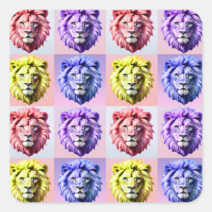 Soft Pastel Colour Lion Head Check Pattern Design Square Sticker