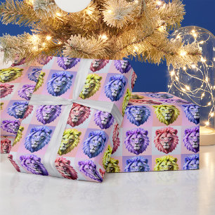 Soft Pastel Colour Lion Head Check Pattern Design Wrapping Paper