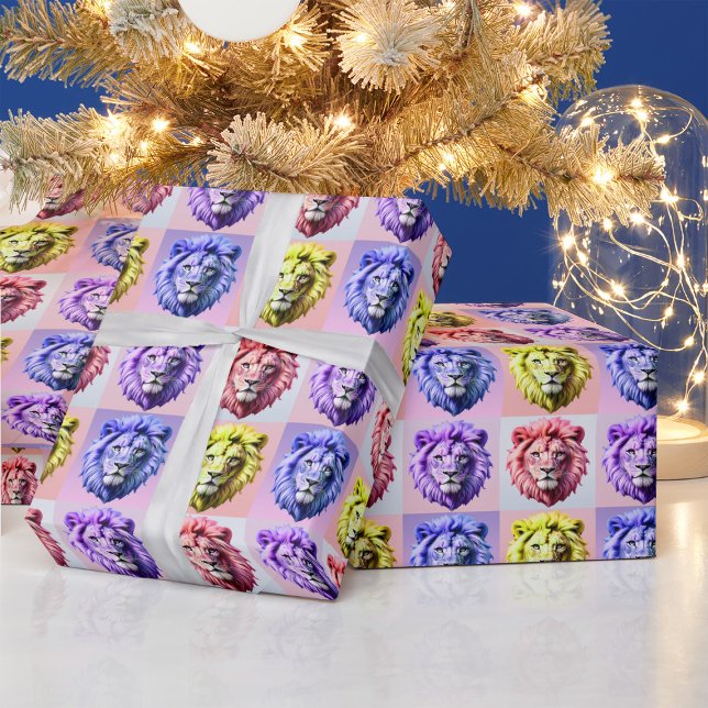 Soft Pastel Colour Lion Head Check Pattern Design  Wrapping Paper (Creator Uploaded)