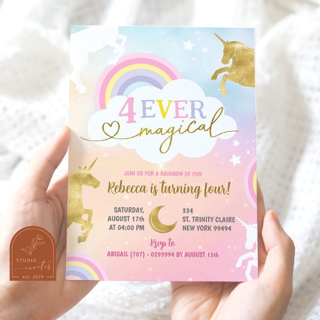 Soft Pastel Colourful Magical Unicorn 4th Birthday Invitation (Creator Uploaded)