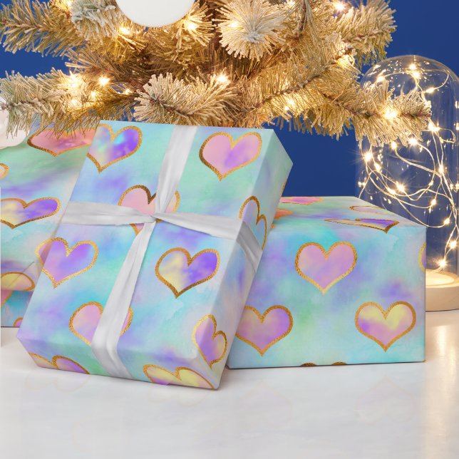 Soft Pastel Colours With Gold Hearts Wrapping Pape Wrapping Paper (Holidays)